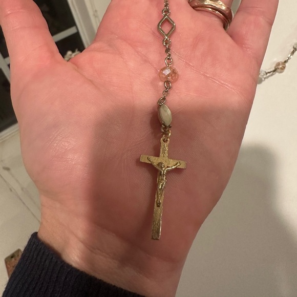 Vintage Gold and Pink Beaded Necklace with Cross - Picture 2 of 7
